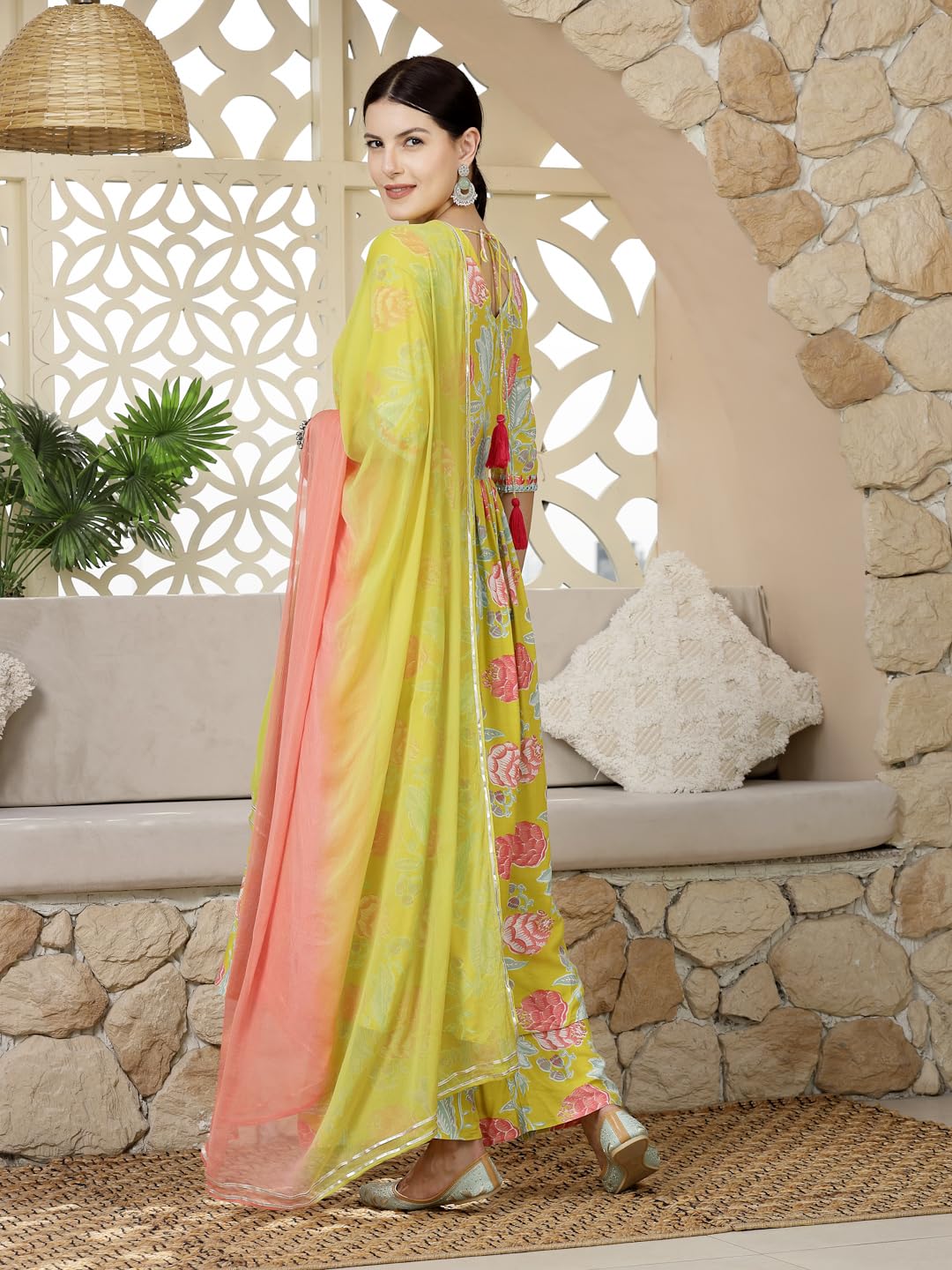 Stylum Women's Floral Printed & Embroidered Rayon Alia Cut Kurta Pant Dupatta Set (Kpdyellowtaco36_Yellow, S)