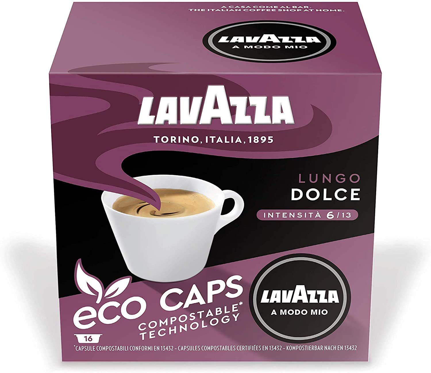 Lavazza A Modo Mio Eco Caps Coffee Pods Espresso, Lungo Dolce 16 Pack