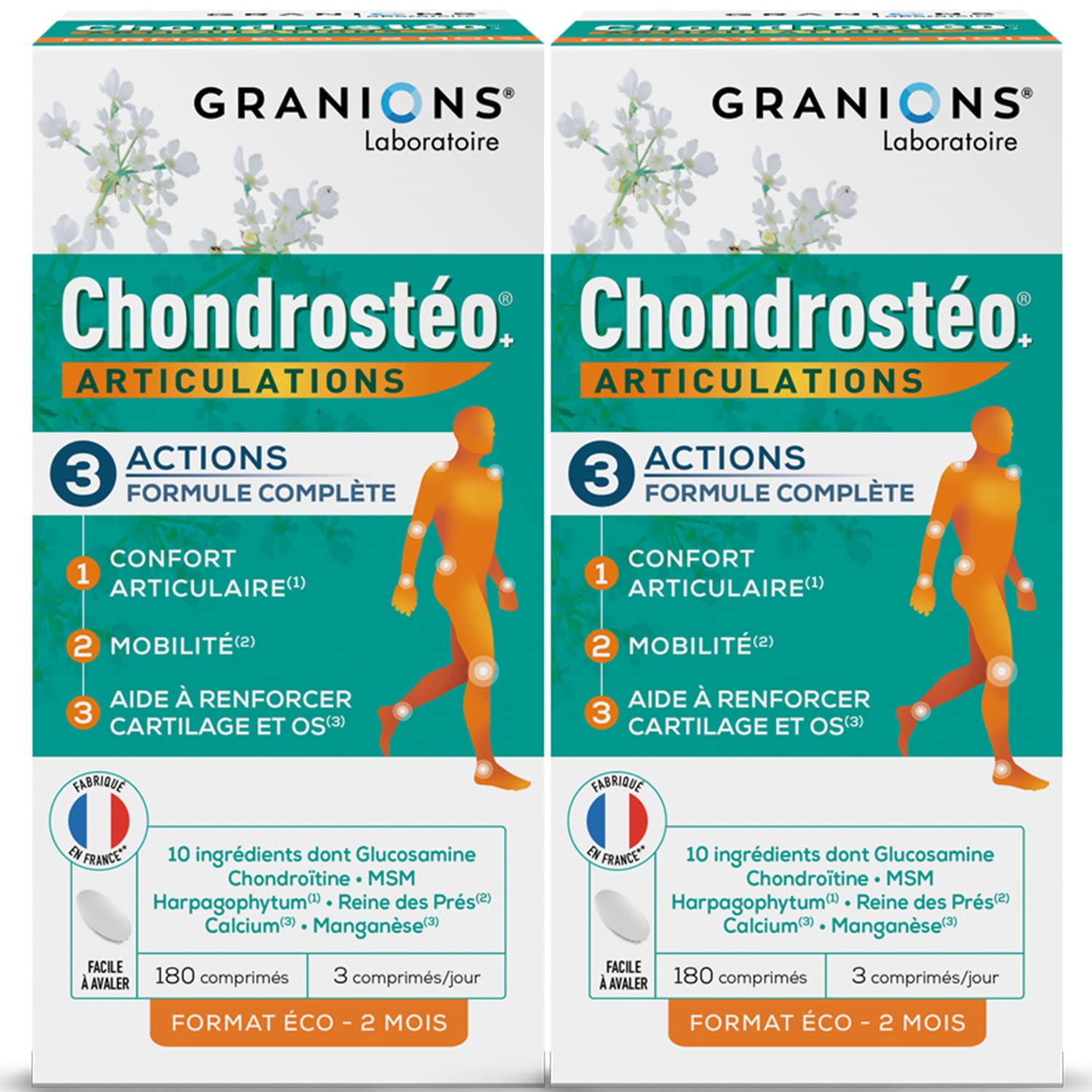GRANIONS Chondrostéo+ Articulations - 2x180 Comprimés - Glucosamine, Chondroïtine, Msm, Harpagophytum, Bambou [Silicium] Triple Action :Mobilité & Souplesse Articulaire Capital Osseux - Made In France