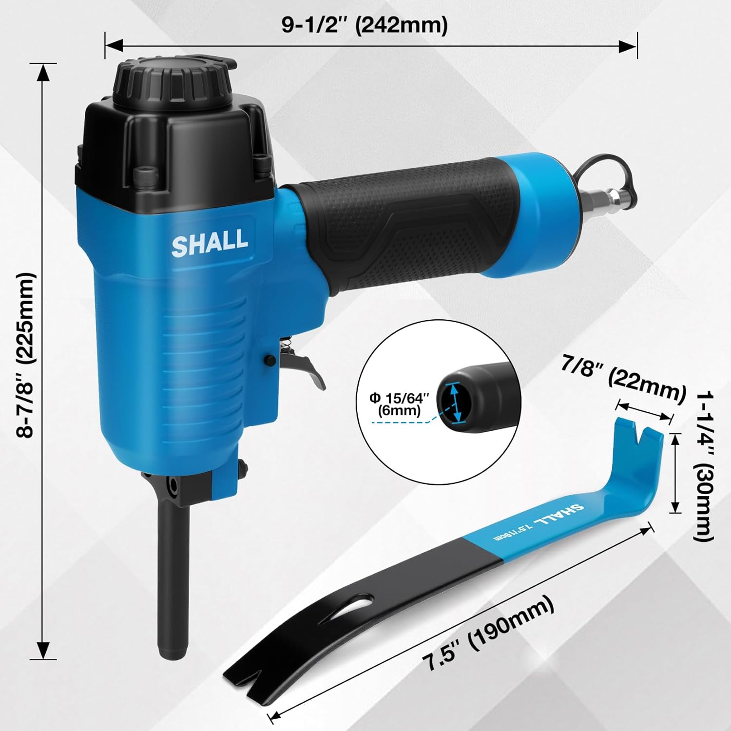 SHALL Pneumatic Nail Remover & 7.5’’ Flat Pry Bar Set, Heavy-Duty Air Punch Nailer Removes 9-16 Gauge Nails, 60-100 PSI Air Nail Puller/Denailer for Wood Pallets, Reclaimed Wood, 1/4’’ NPT Air Inlet