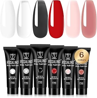 ROSALIND Classic Color Poly Nail Gel Set, MINI 6 PCS 0.34oz/10ml Nude ExtensionSet, Clear Poly Nail Gel Kit Nail Enhancement Thickening Builder Easy DIY for Beginner& Salon DIY at Home Use