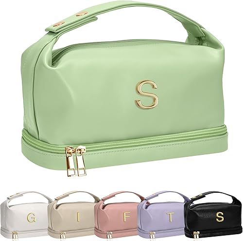 Vista 226 de Regalos Vogewood para mujeres, bolsa de maquillaje personalizada con asa, bolsa de cosméticos inicial de doble capa con organizador de brochas