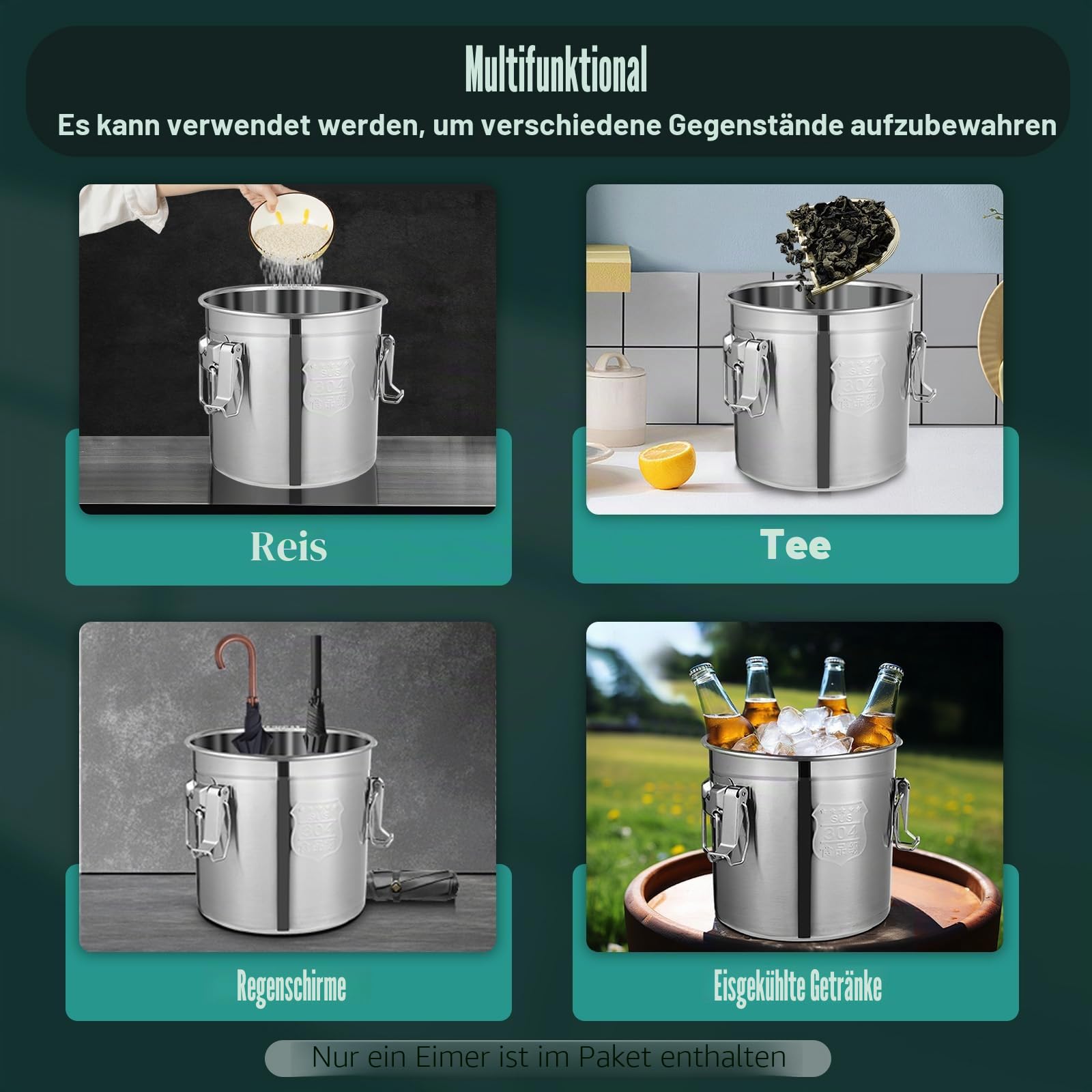 304 Edelstahl Luftdichte Vorratsdose mit Deckel, 3/4-Punkt Verschluss für Reis, Mehl, Getreide & Trockenvorräte – Küche & Speisekammer Aufbewahrung (12, Liter)