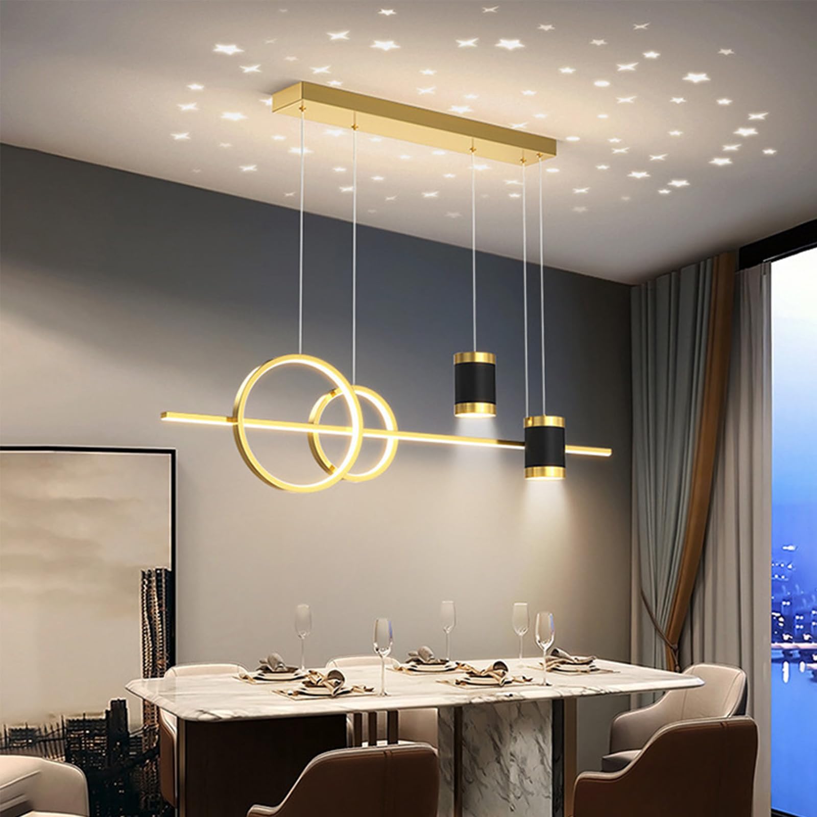 Modern Linear Pendant Light,Dimmable LED Chandelier with Spotlights & Remote Control,Height Adjustable Ceiling Hanging Lamp Fixture for Living Room Kitchen Dining Room(100x120cm(39x47inch), Gold)