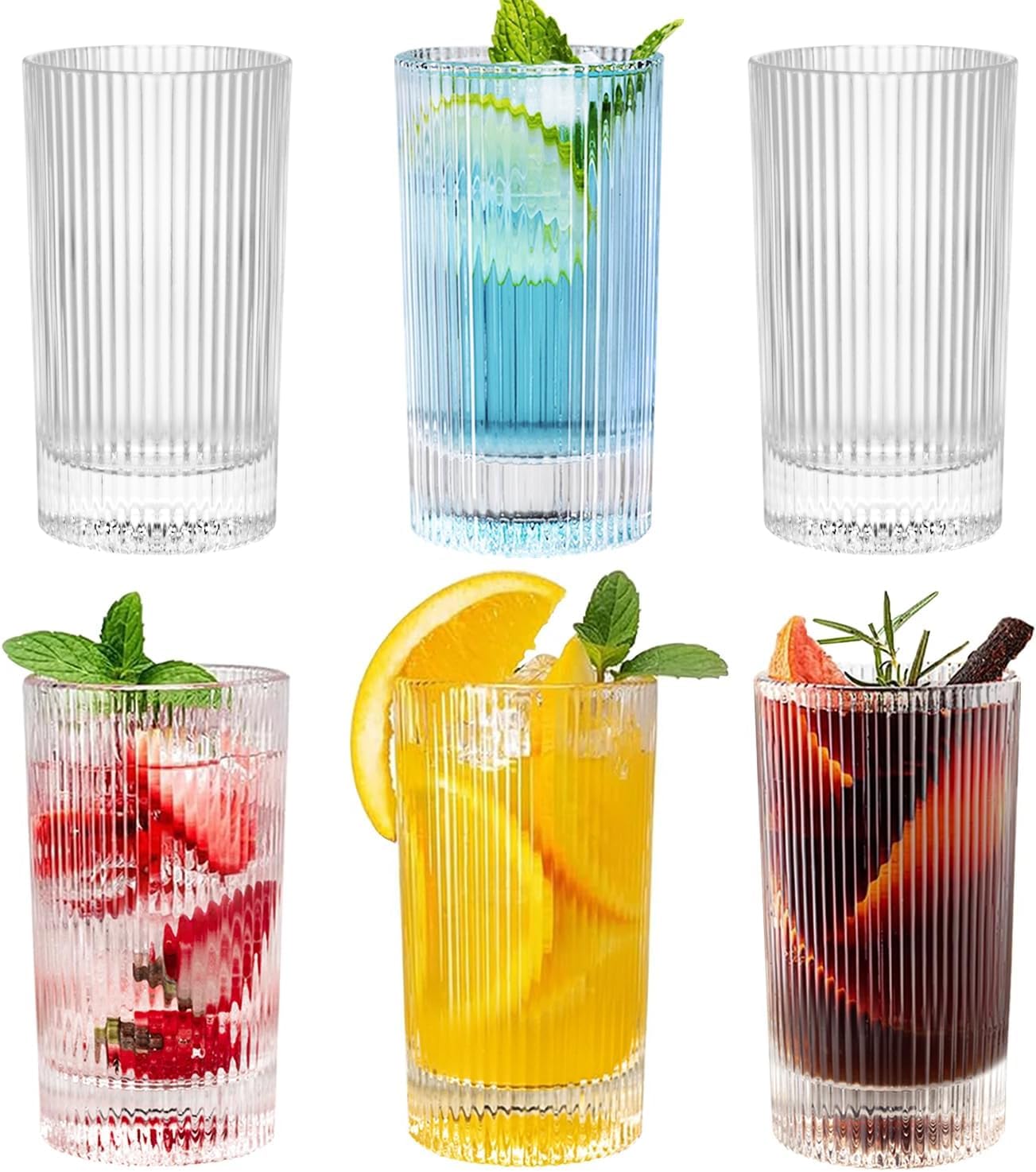 13oz Ribbed Highball Crystal Glasses Set of 6 Tumblers for Cocktails Water and Iced Tea 13oz-6pcs