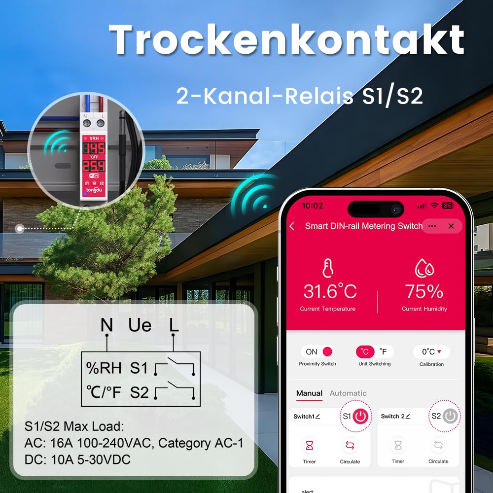 TONGOU Digitales Display Temperatur Hutschiene DIN, Regler Thermostat mit NTC Sondensonde Temperatursensor, Dry Contact Smart Schalter 2-Kanal, TUYA/SMART Life APP