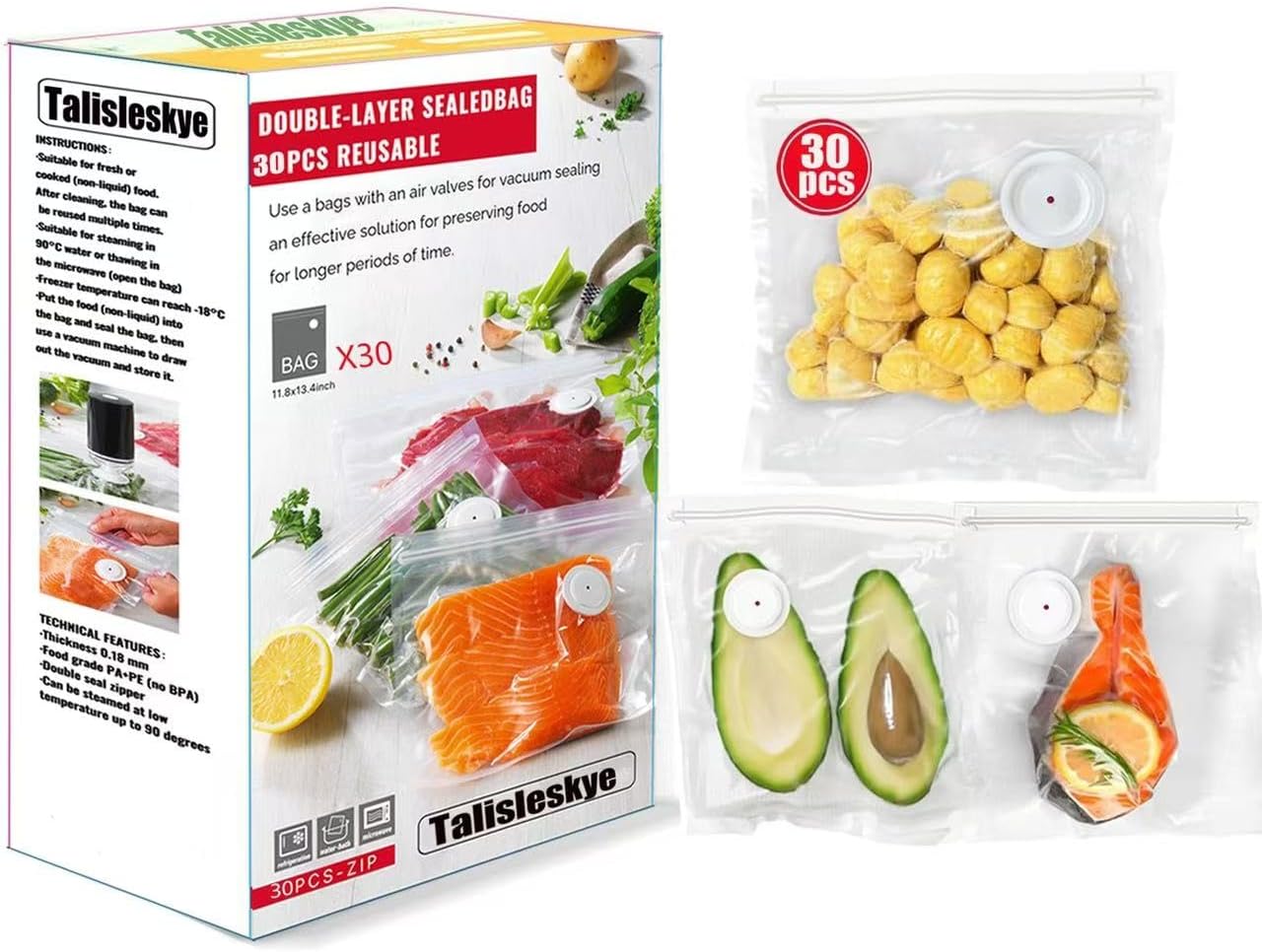 Bolsas selladoras al vacío, bolsa de vacío reutilizable con doble cremallera con válvula de aire, adecuada para cocinar al vacío y calentar por