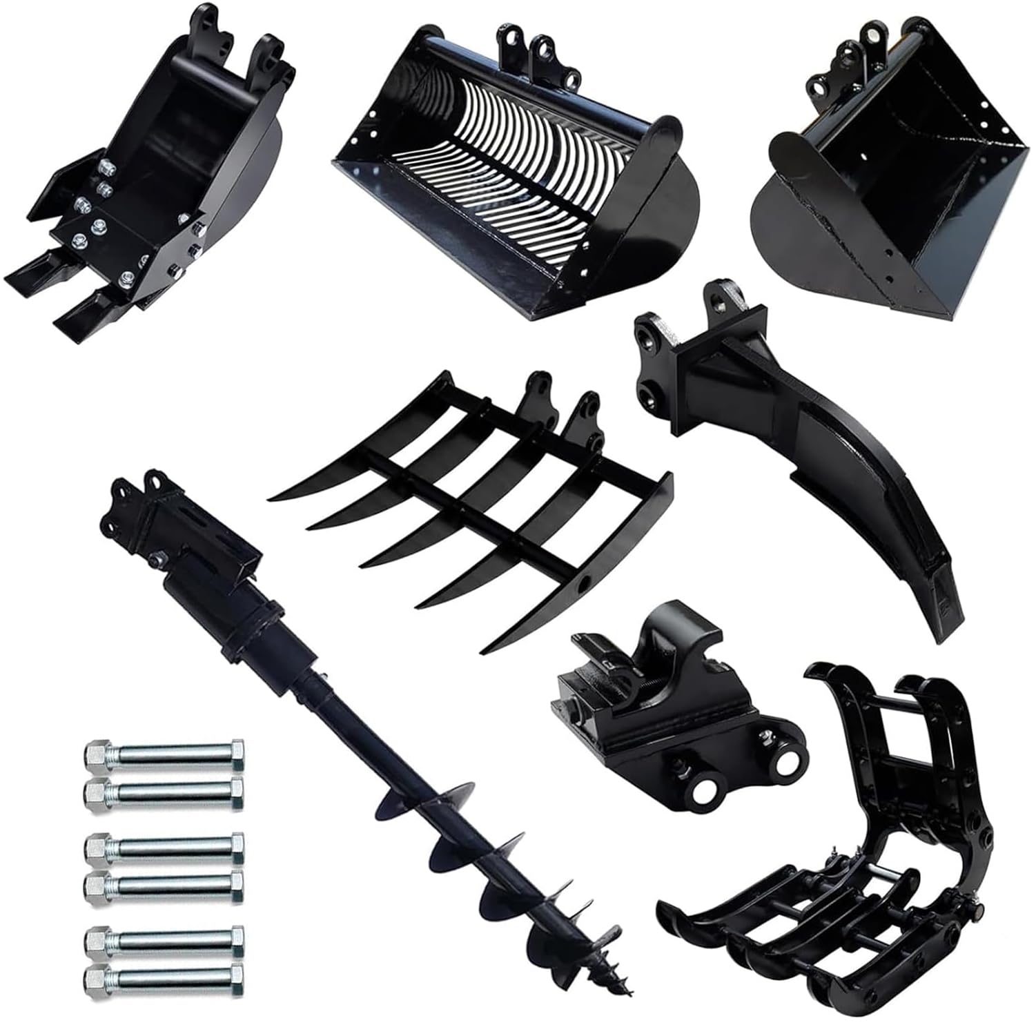 8-teiliges Minibagger-Anbaugeräte-Set 0,8–2 t, Löffel 20/60/80 cm | Schnellwechsler, Greifer, Reißzahn, Hydraulik-Erdbohrer, Wurzelrechen, Manganstahl, 6 Bolzen, Versand aus DE-Lager