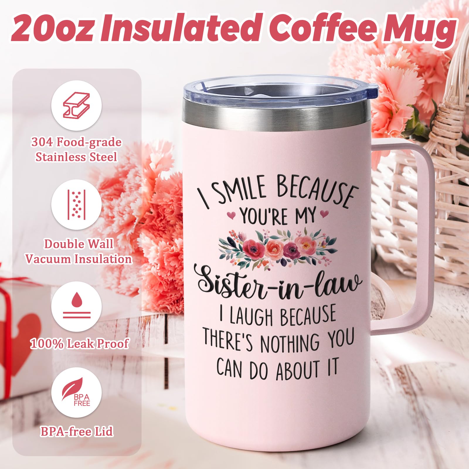 Lifecapido Sister in Law Gifts, I Smile Because You’re My Sister in Law 20oz Insulated Coffee Mug with Keychain, Birthday Christmas Mothers Day Gifts, Rose Quartz