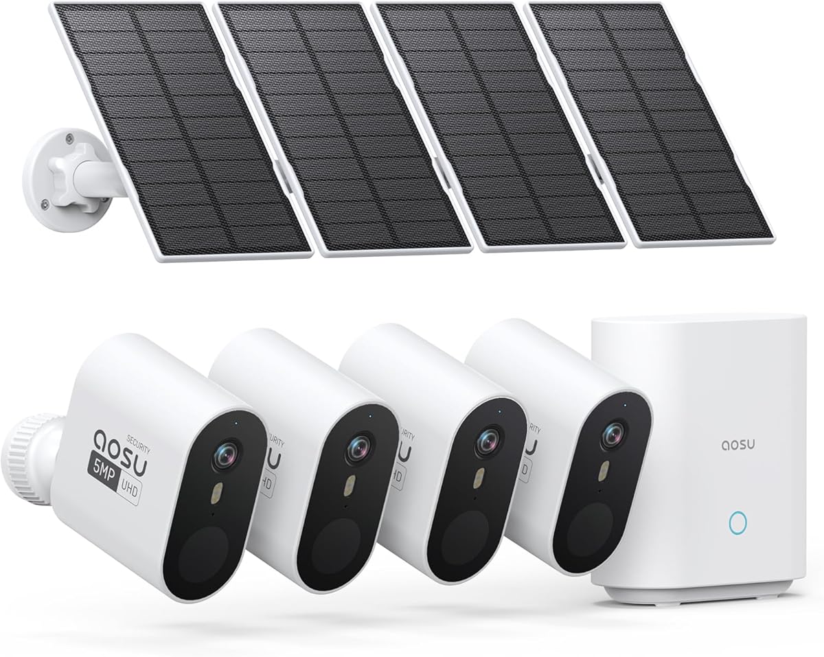 Amazon.com : AOSU 3K/5MP Solar Security Cameras Outdoor Wireless, Ultra HD Video Home Security System 4-Cam Kit with 166° Ultra Wide Angle, Cam-to-Cam Sync, Color Night Vision, Spotlight & Siren, No Monthly Fees : Electronics