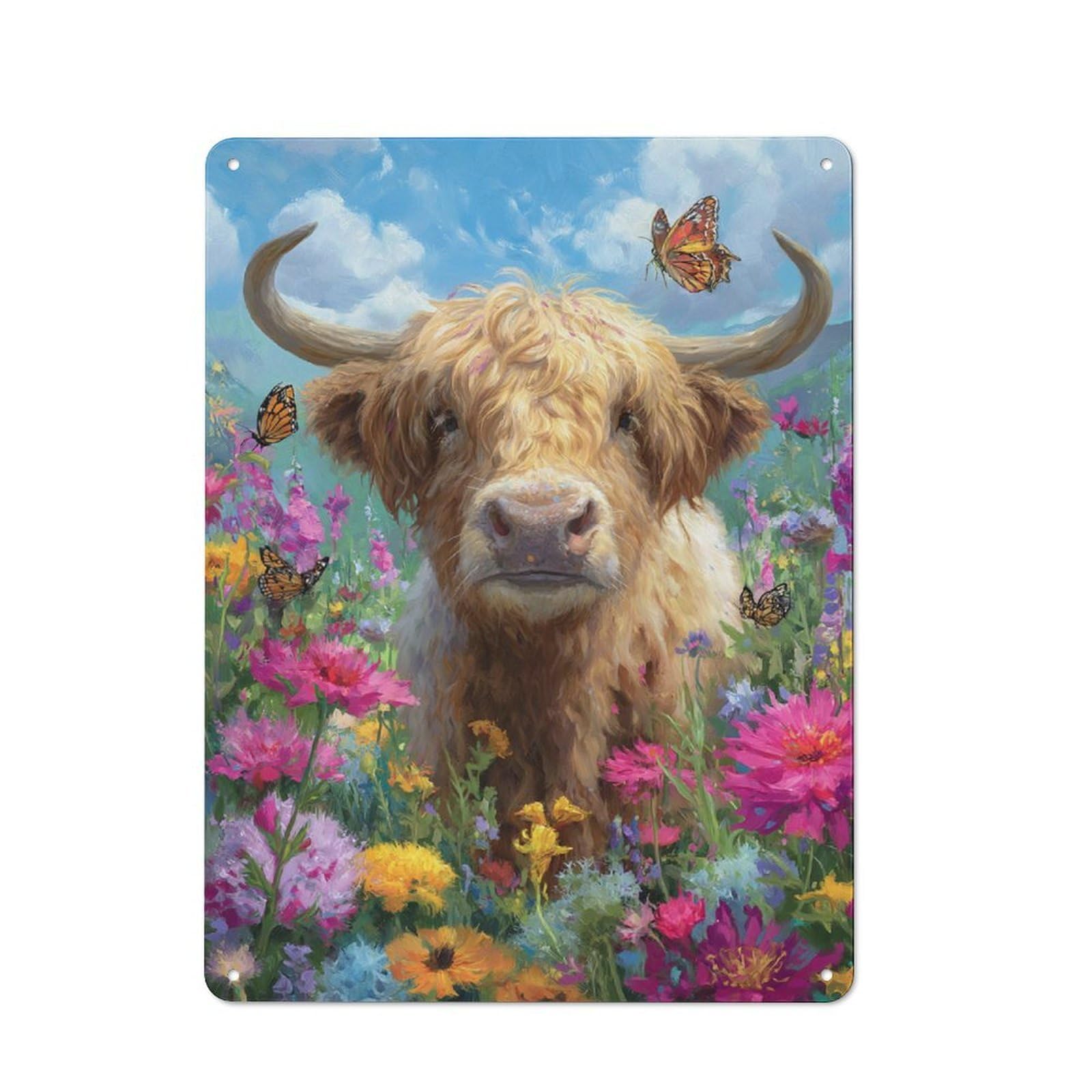 Junmoney Highland Cow In Bloom Rustic Tin Sign 40X30cm For Lounge Or Reading Corner, For Metal Sign Collectors, For Cafés, Pubs And Restaurants