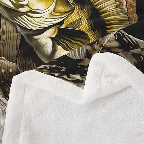 Miniatura 4 de Homewish Manta vintage de bandera estadounidense, manta de caza para hombres, manta de forro polar con diseño de peces de lubina 3D para niños y