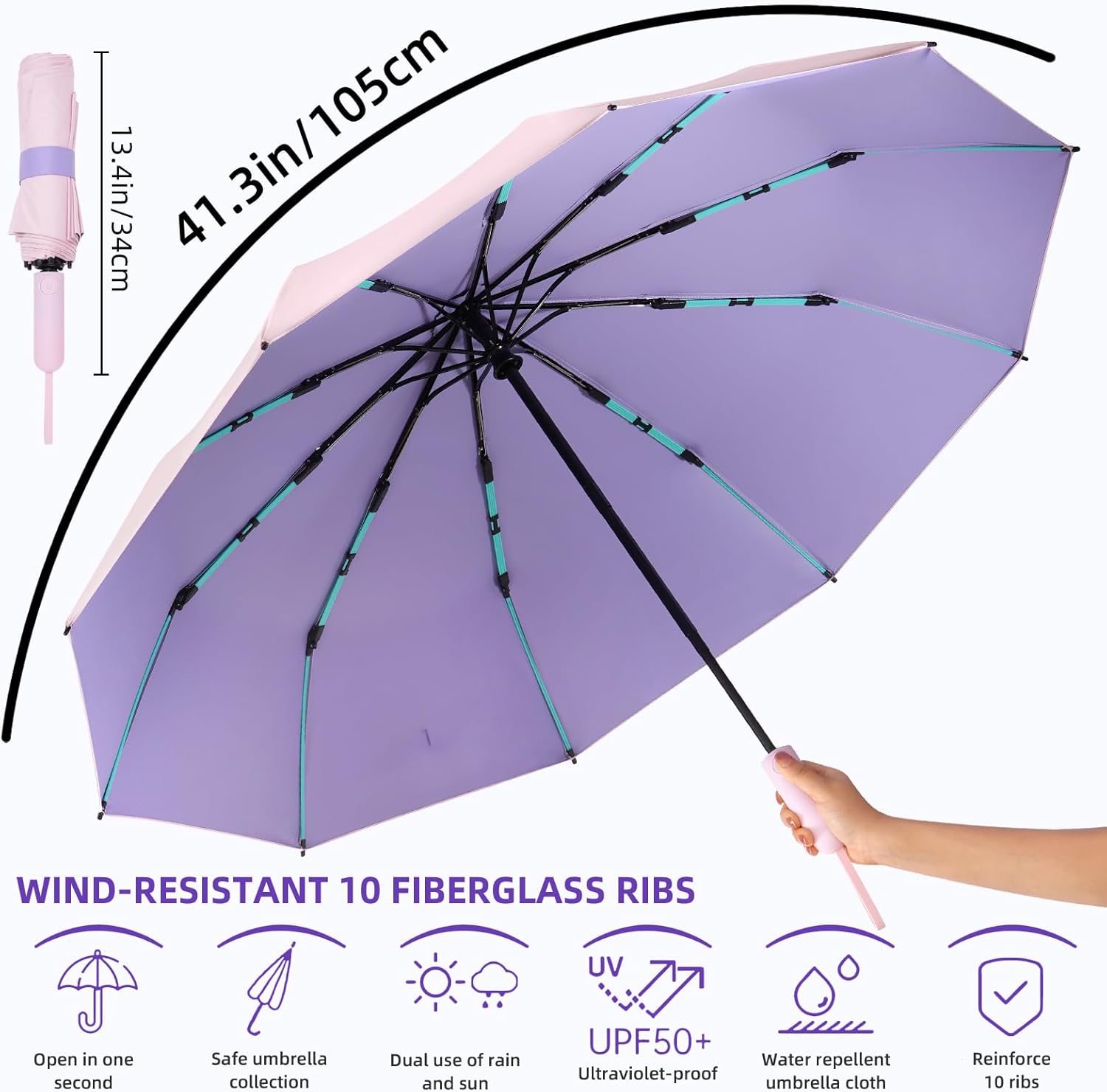 Folding Umbrella Anti-UV Compact Durable Folding Umbrella Auto Open Close Windproof Travel Umbrella Premium Grip Fits Backpack