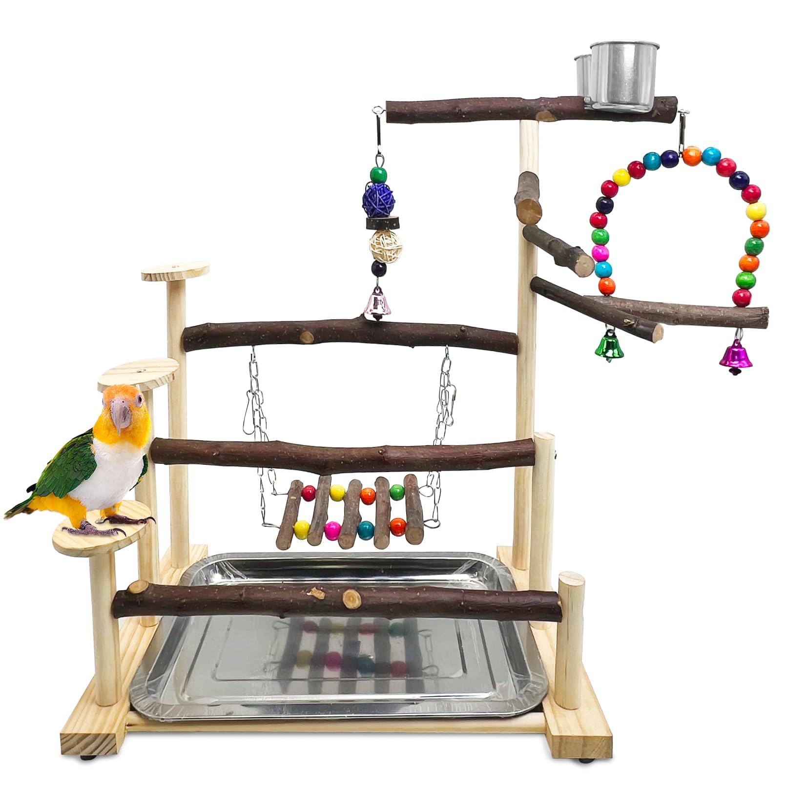 Kathson Wood Bird Playground Parrot Play Stand Bird Stand with Feeder Cups Birds Perch Stand with Ladder Hanging Swing Chewing Toys Conure Cage Accessories for Parakeet Conure Lovebird Cockatiel