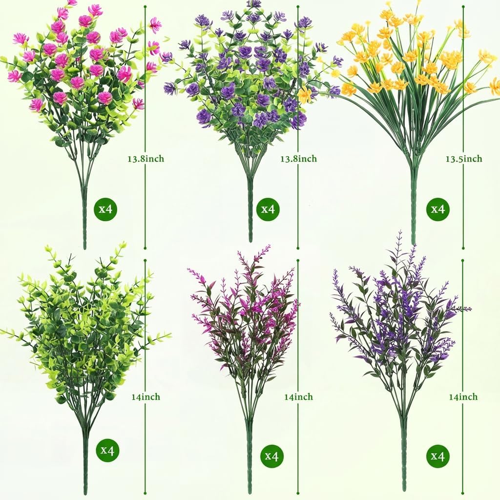 ATTGREAT Artificial Spring Flowers Outdoors UV Resistant Fake Greenery Plants Realistic Plastic Flowers Outside Faux Silk Wildflowers for Home Planter Porch Garden Decor, 24 Bundles (Multicolor)