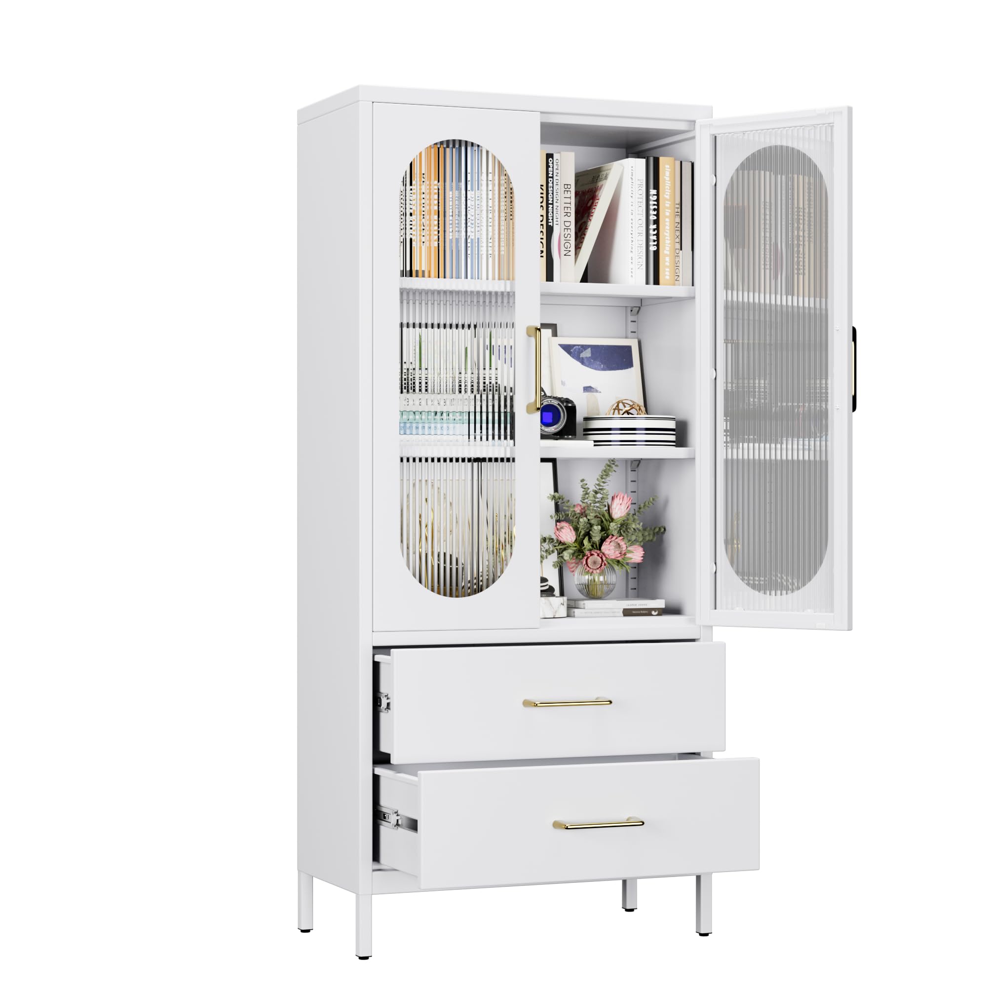 Aobabo Metal Office -Akten Speicherschrank mit 2 Schubladen und 2 einstellbaren Regalen - 155 cm hohe Glasentüren weißer Lagerschrank, 3 -stufige hohe Stahlschränke für Wohnzimmer, Büro, Büro
