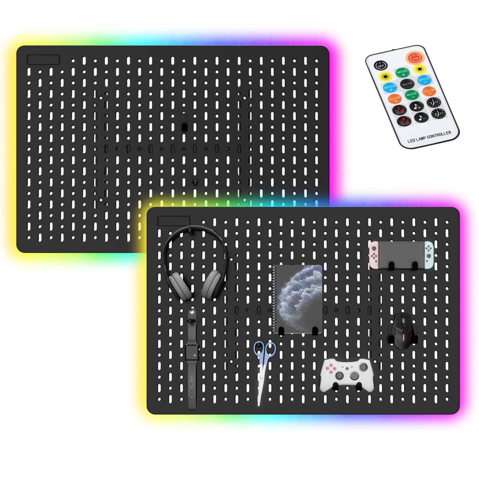 TINLOK Smart RGB Light Pegboard Organizer,Pegboard Wall for Gaming Setup Decor, Black 2 PCS, 22 x 14.8 inches,Ideal Peg Board for Gaming Room, Office Wall Organization (Black 2PCS)