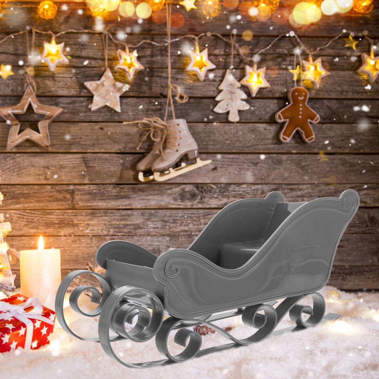 Housoutil Christmas Sleigh Desk Top Decor, Grey Christmas Santa Sleigh Decoration, Plastic X-Mas Mini Sled Ornament for Table Top