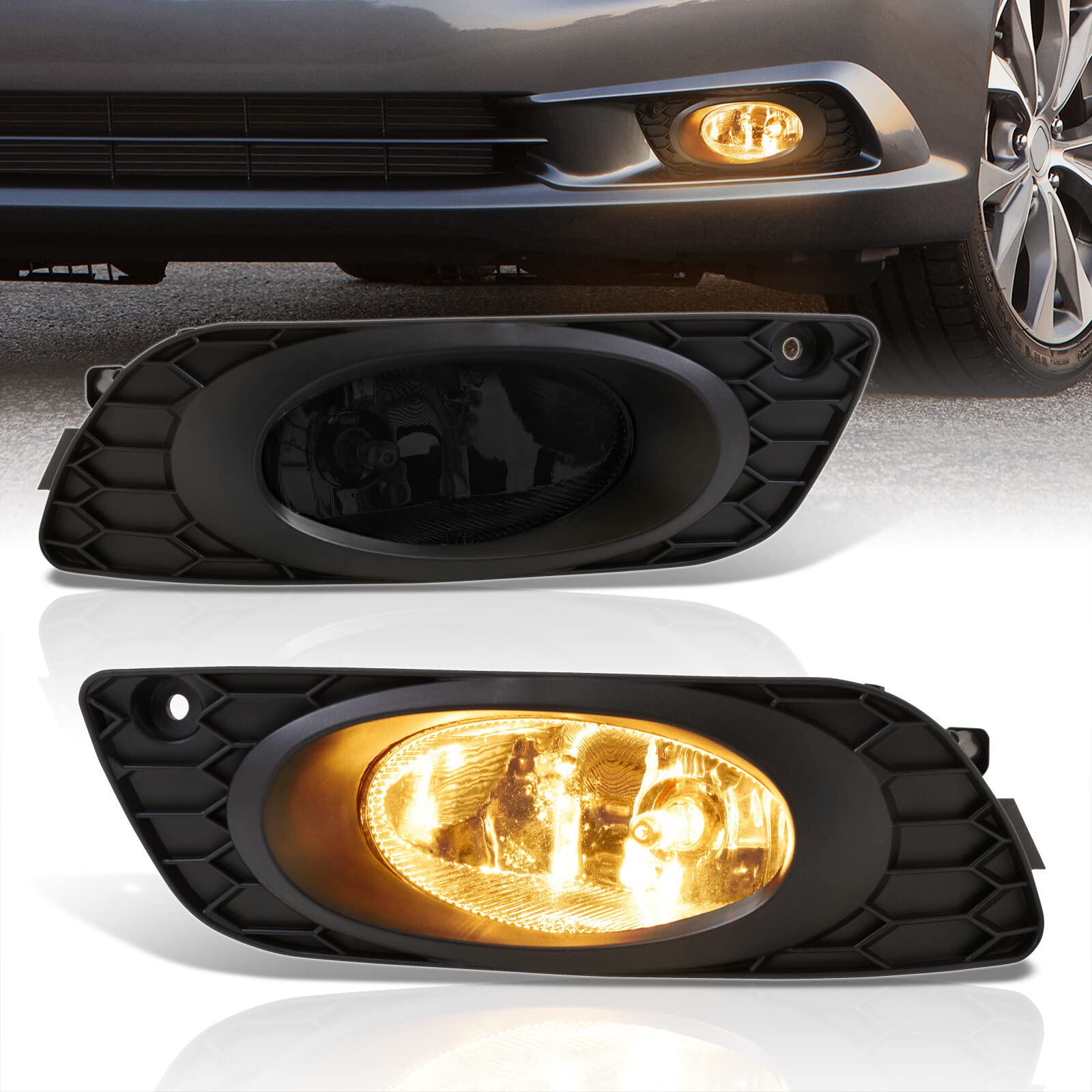 AJP Distributors Smoked Lens Front Bumper Driving Fog Lights Lamps Assembly Set LH RH + Bezels Bulbs Switch Relay Wiring Harness Kit Compatible/Replacement For Civic FB2 4DR Sedan 4 Door 2012 12