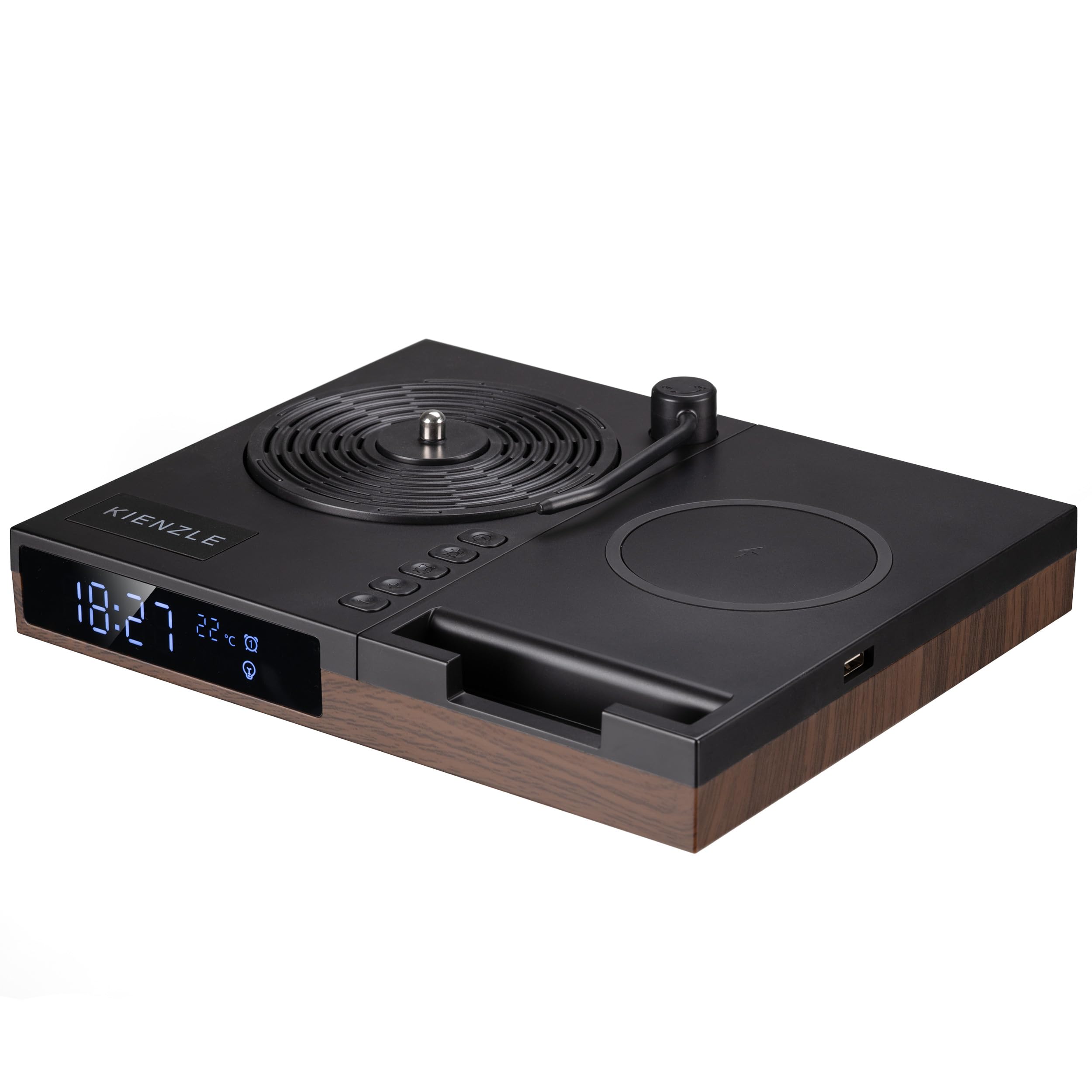 Kienzle Despertador Retro con Altavoz Bluetooth y Carga inalámbrica 15 W | Diseño de tocadiscos, temperatura, dos alarmas, luz ambiental con tres niveles de brillo, soporte para móvil, adaptador