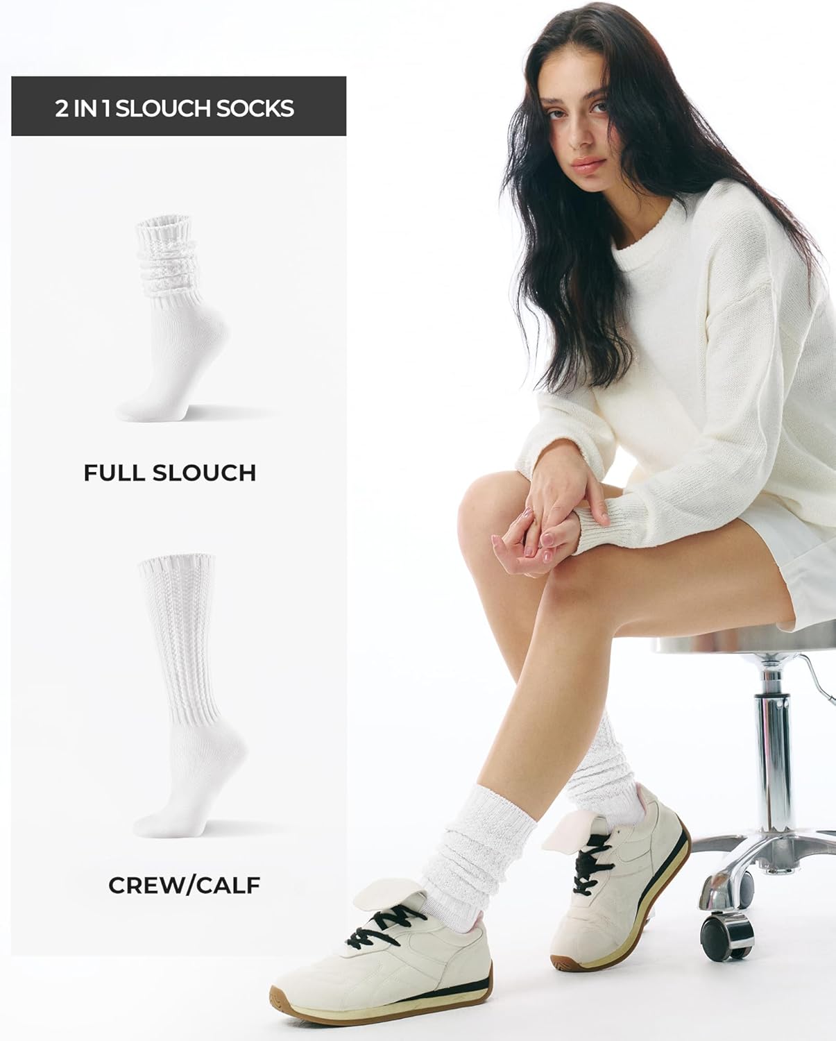 CS CELERSPORT Women's Slouch Crew Socks Scrunch Knit Cotton Calf Tube Socks 3 Pairs - Image 3