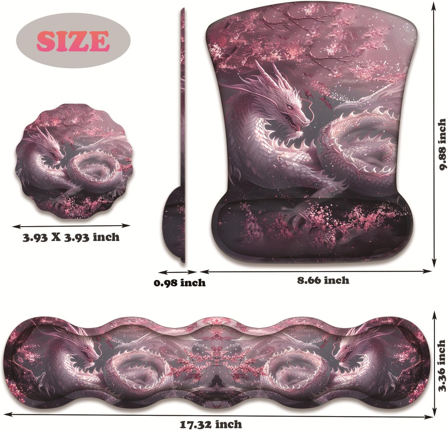 3 in 1 Keyboard Wrist Rest + Mouse Pad and Coaster, Ergonomic Gel Mouse Pad and Keyboard Pad Set, Comfortable Lightweight for Easy Typing Pain Relie, Cherry Pink Dragon