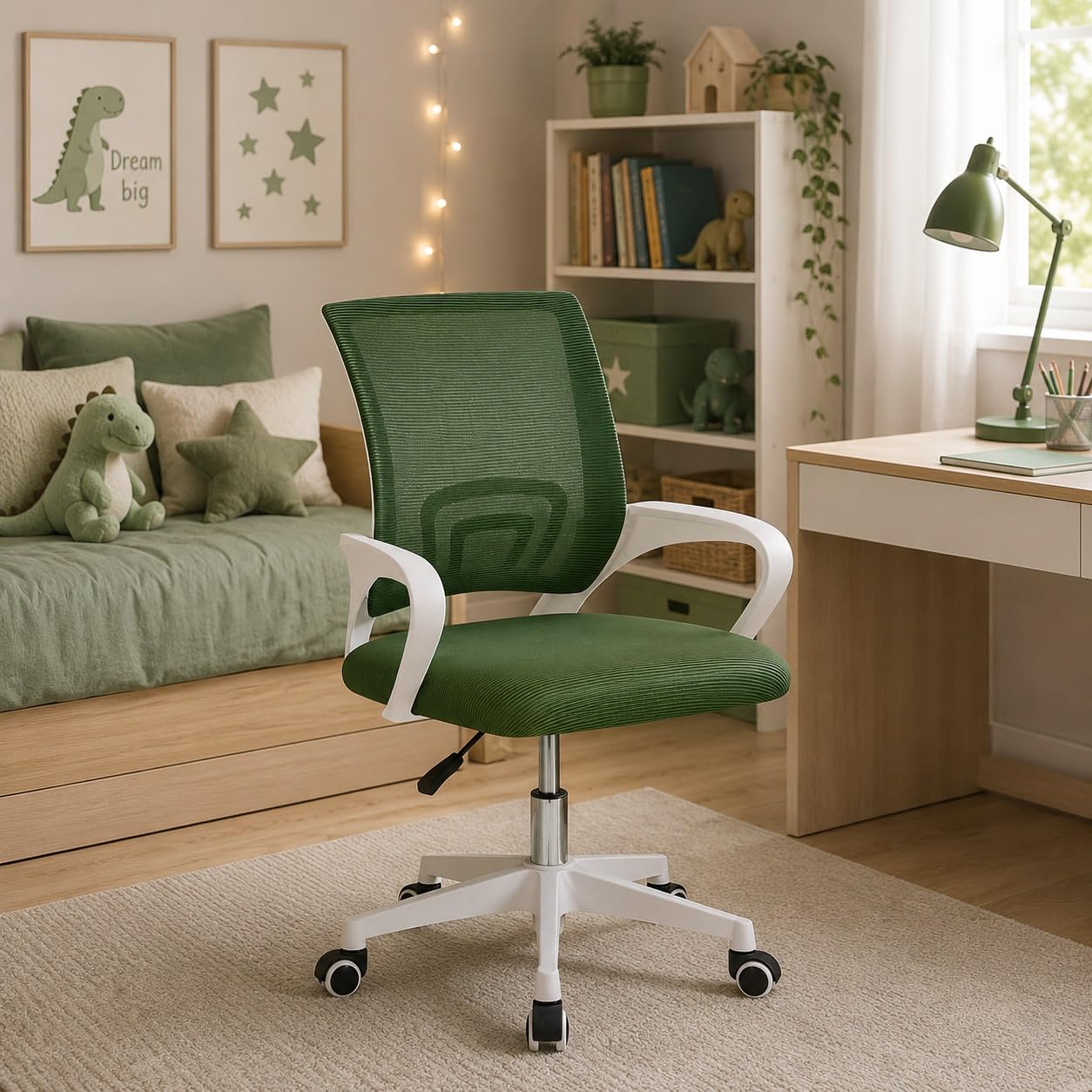 Cribel CINDY Sedia da Cameretta Verde Ergonomica con Schienale in Rete Traspirante, Seduta Imbottita, Braccioli Integrati e Ruote 57.5x61.2x89-98 cm