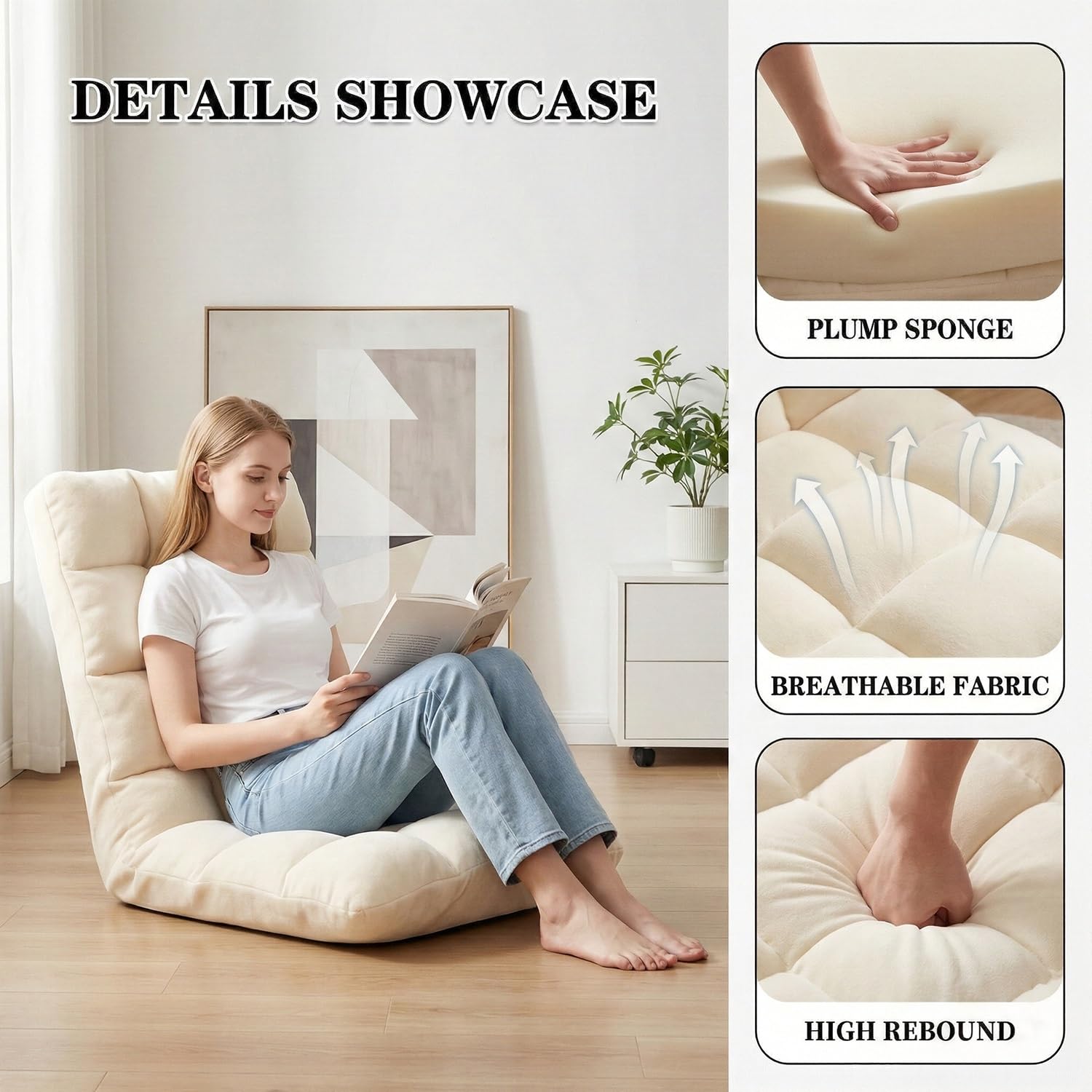 Silla de Suelo Ajustable con Respaldo, Sofá Gaming Plegable 5 Posiciones para Meditación Lectura, Esenciales para Habitación y Ver TV