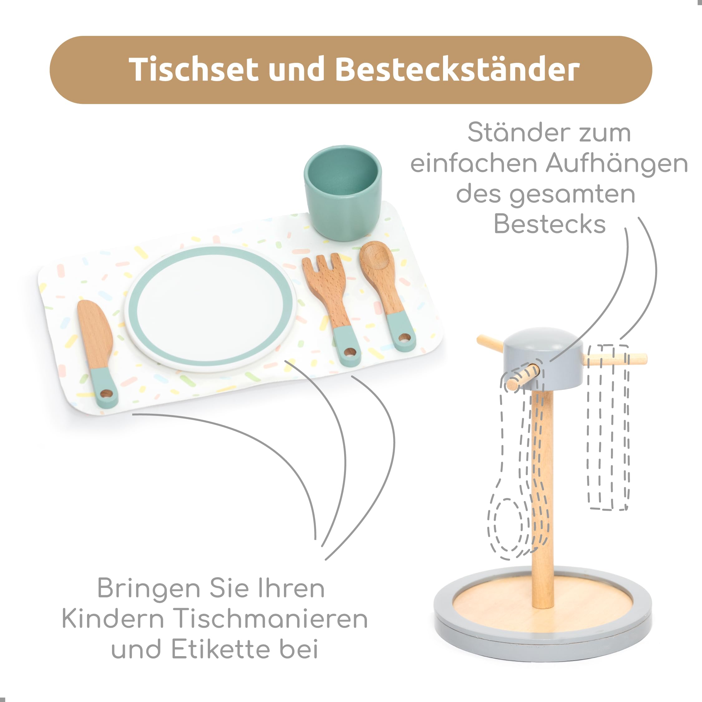 UMU® Großes Geschirrset aus Holz – 28-teiliges Tafelservice für Kinderküche mit Tellern, Tassen, Besteck & Ständer – Küchenzubehör für Spielküche – Rollenspiel-Geschirr ab 3 4 5 6 Jahren