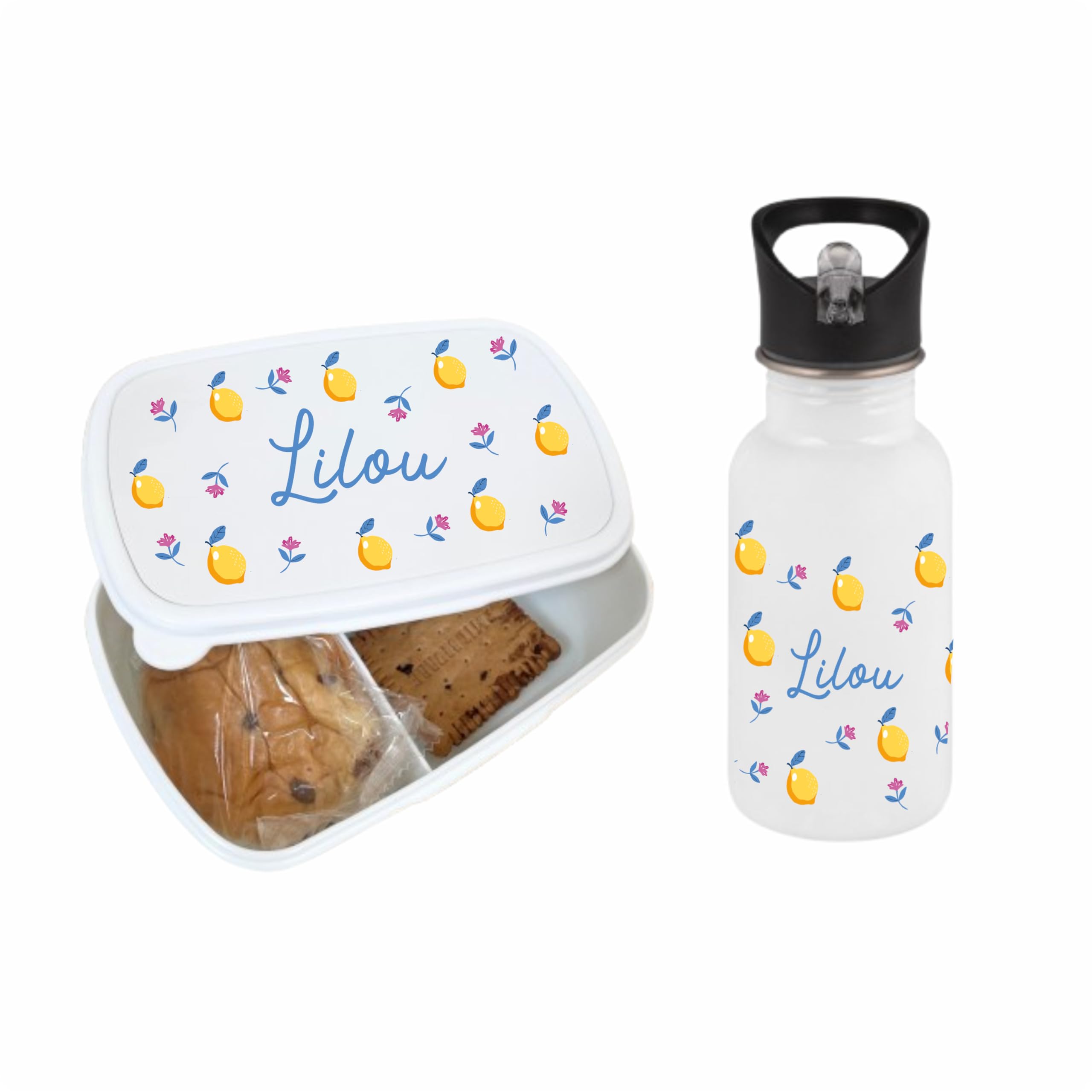 Ensemble gourde + boîte à goûter - école et centre aéré, pique nique enfant, gourde personnalisé, lunchbox personnalisé, gourde prénom enfant (Gourde + Boîte à goûter, Citron)