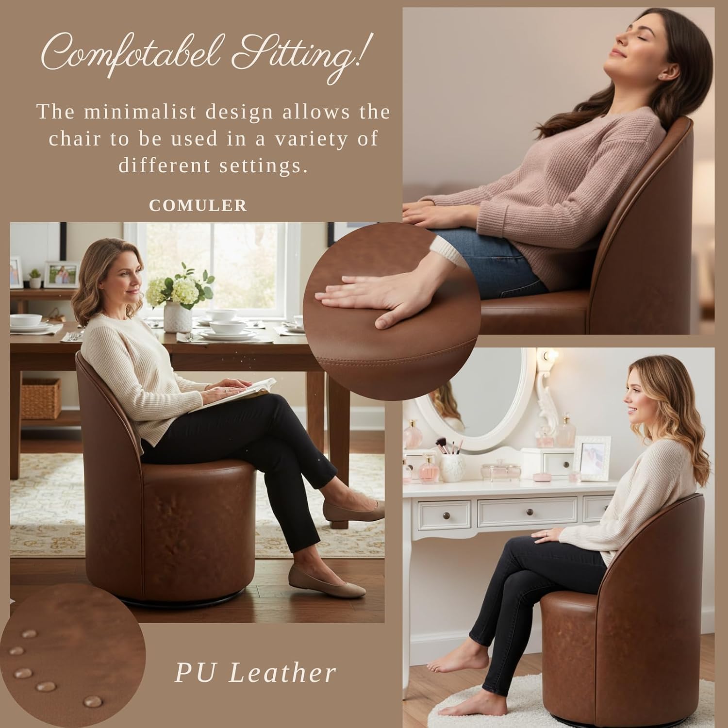 Modern Barrel Dining Chairs Set of 6, Swivel Base Cognac PU Leather Accent Chair 360°Rotating Mid-Century Dining Side Chair Kitchen Chair for Living Room, Bedroom, Home, Office, Kitchen(Brown)