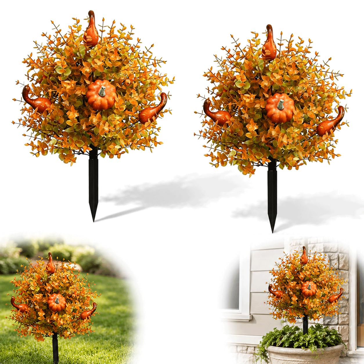 Confezione da 2 fiori artificiali autunnali a sfera, per esterni, con paletti, 55,9 cm, finti alberi di zucca autunnali con foglie d'arancio e zucche, resistenti ai raggi UV, pianta finta per portico