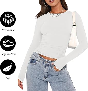 Women Basic Tops, Long Sleeve Crewneck Slim Base Layer Fit Y2K T Shirts, Fashion Going Out Crop Clothes for Ladies Girls