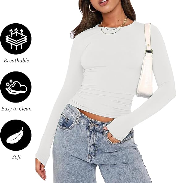 Women Basic Tops, Long Sleeve Crewneck Slim Base Layer Fit Y2K T Shirts, Fashion Going Out Crop Clothes for Ladies Girls