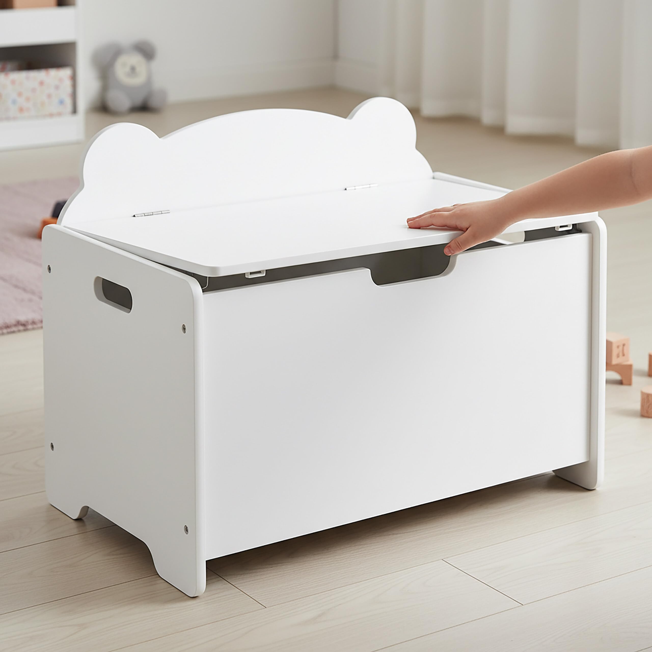 Relaxdays Cofre para Juguetes con Silueta de Oso, Tapa, MDF, 48x60x38 cm, habitación Infantil, Blanco