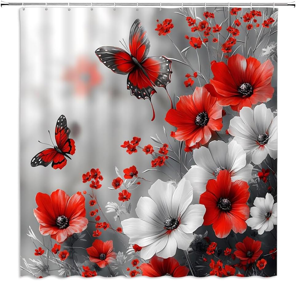 Cortina de ducha de flores rojas, retro, borgoña, floral, mariposa, flores silvestres, gris, vintage, abstracto, plantas, decoración de baño,