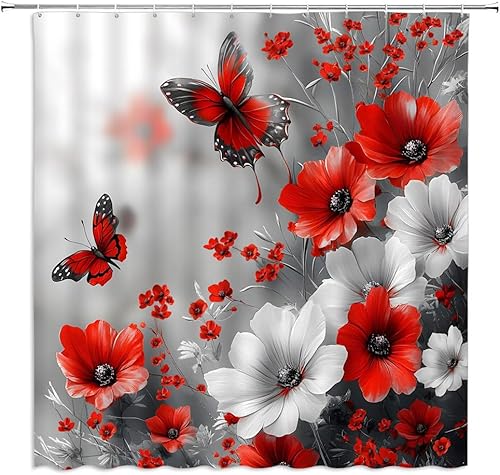 Cortina de ducha de flores rojas, retro, borgoña, floral, mariposa, flores silvestres, gris, vintage, abstracto, plantas, decoración de baño,