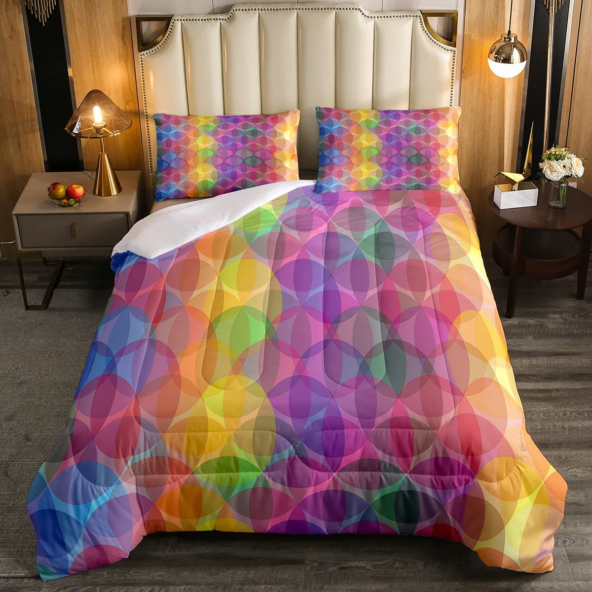 Geometric Soft Duvet Colorful Art Floral Brown and Marigold Bedding Set Mosaic Geometric Creative Image Circle Artwork with 2 Pillowcases 3Pcs Bedding Double