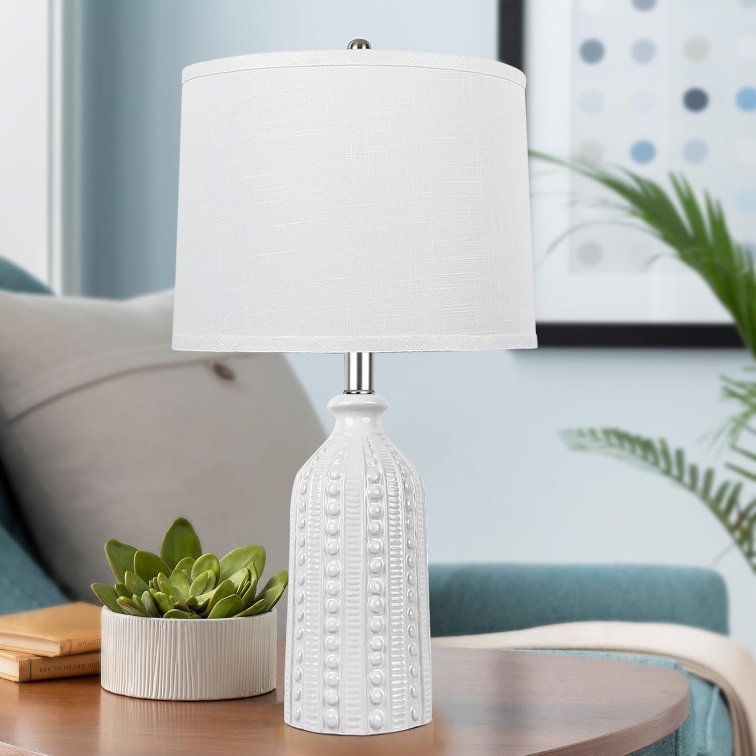 JUNNAI White Ceramic Table Lamp 24.5" 3Way Dimmable Bedside Lamp with