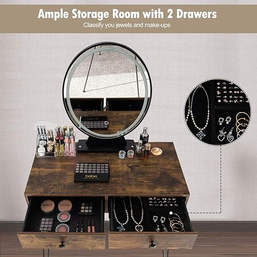 Miniatura 20 de CHARMAID Mesa de tocador de maquillaje con espejo iluminado, 3 juegos de iluminación, brillo ajustable, 2 cajones grandes, cajas de almacenamiento