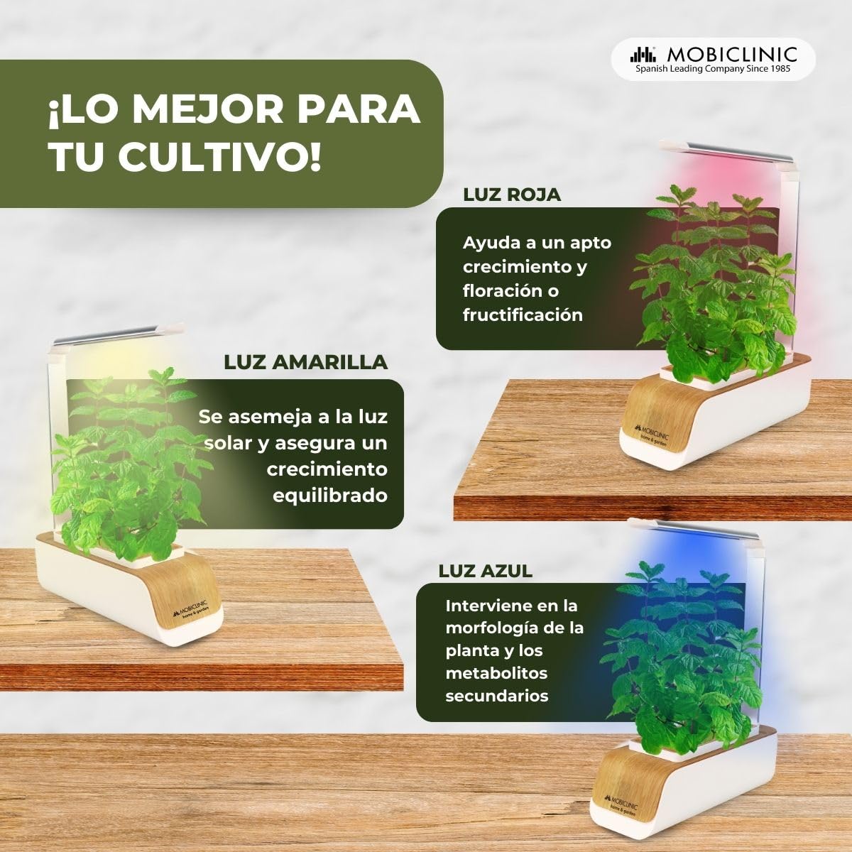 Mobiclinic®, Sistema de Cultivo Hidropónico Interior, Mini-Grow, Huerto de Interior, Luz Crecimiento, Altura y Ángulo Ajustable, Temporizador, Kit Germinación para Plantas, 4,5W, Led Automática