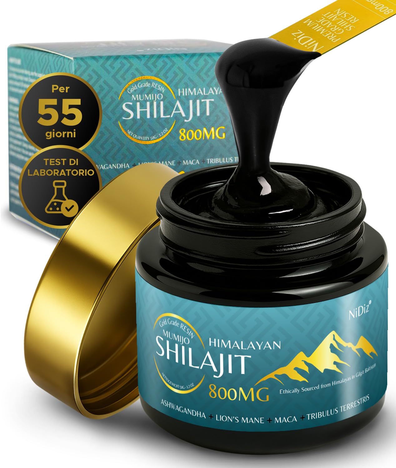 100% Shilajit Himalayano Puro 800MG, Erbe Ayurvediche 5 in 1, Testate in Laboratorio in Europa, 50g