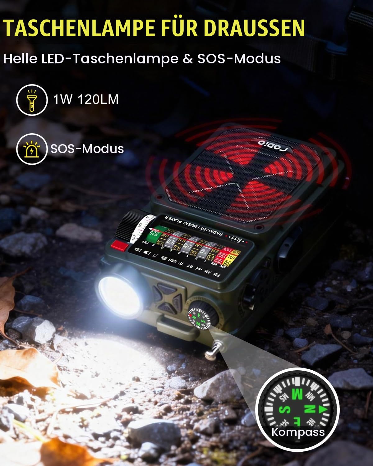 NOAA Wetterradio – 4000 mAh AM/FM/WB/SW Notfall-Radio mit Bluetooth, Taschenlampe, SOS-Alarm, Stromversorgung über USB, Handkurbel und Solarenergie für Camping, Notfall
