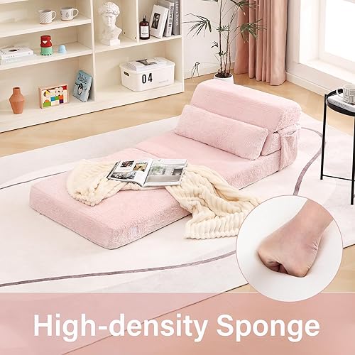 Miniatura 5 de Tiita Sofá cama plegable con almohada, colchón de tamaño individual, tela de felpa con bolsillo lateral, tumbona en el suelo, cama para sala de