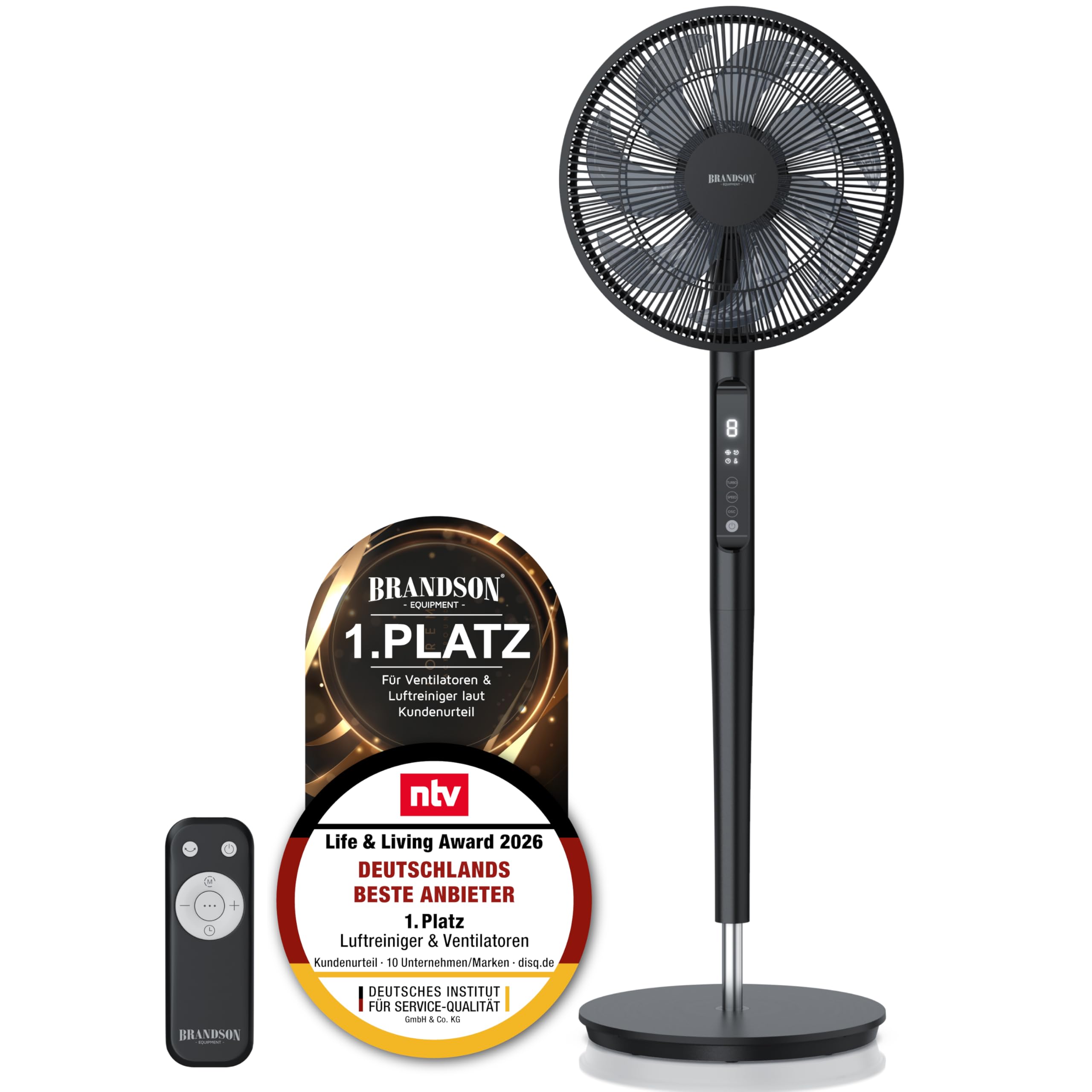 Brandson - DC Standventilator energiesparend ECO - Sieger Ventilatoren 2026 - Fernbedienung - Brushless Silent Motor - sehr leise – Oszilation 60° 90° 120° - 12 Stufen - Turbo Modus - schwarz