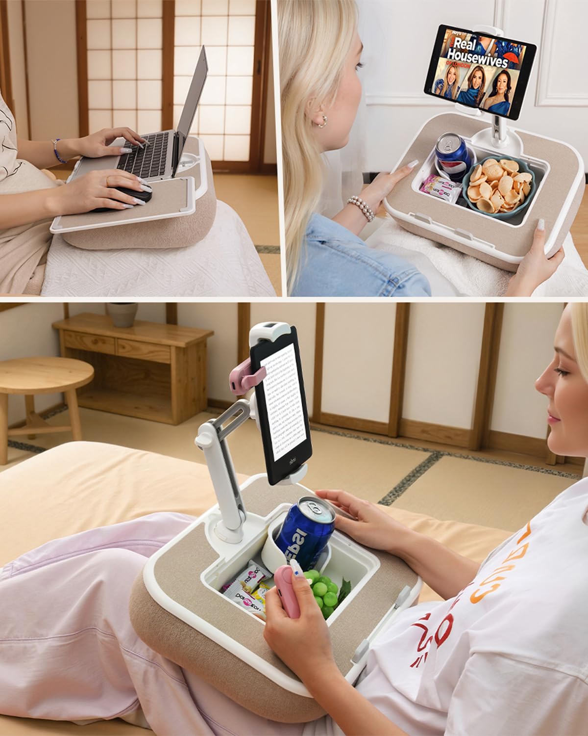 Kindle Tablet Halterung Kissen,360° Verstellbarer iPad Halter mit Snackschale,Laptop Tablet Ständer für Bett Laptopkissen Kompatibel mit 4,7-13" für iPad,iPhone,Kindle Zubehör(Khaki)