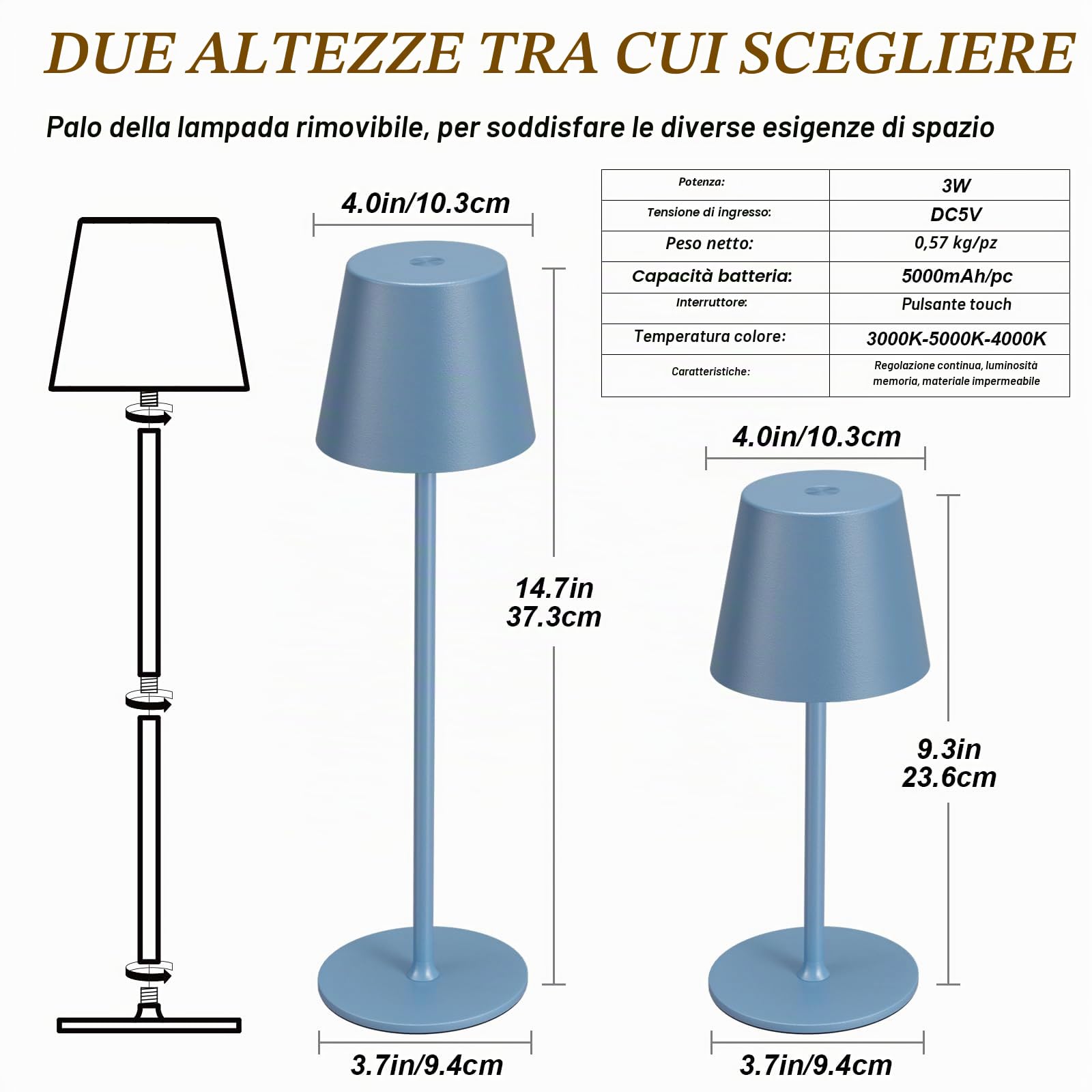 2 Pezzi Lampada da Tavolo Senza Fili, Touch Dimmerabile, 3 Modalità di Colore, Lampada da Comodino LED Ricaricabile per Camera da Letto, Soggiorno, Campeggio all'aperto Esterno(Blu)