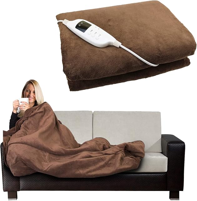 Electric Heated Throw Over Under Blanket Fleece Washable Polyester Warm Mattress (Brown)