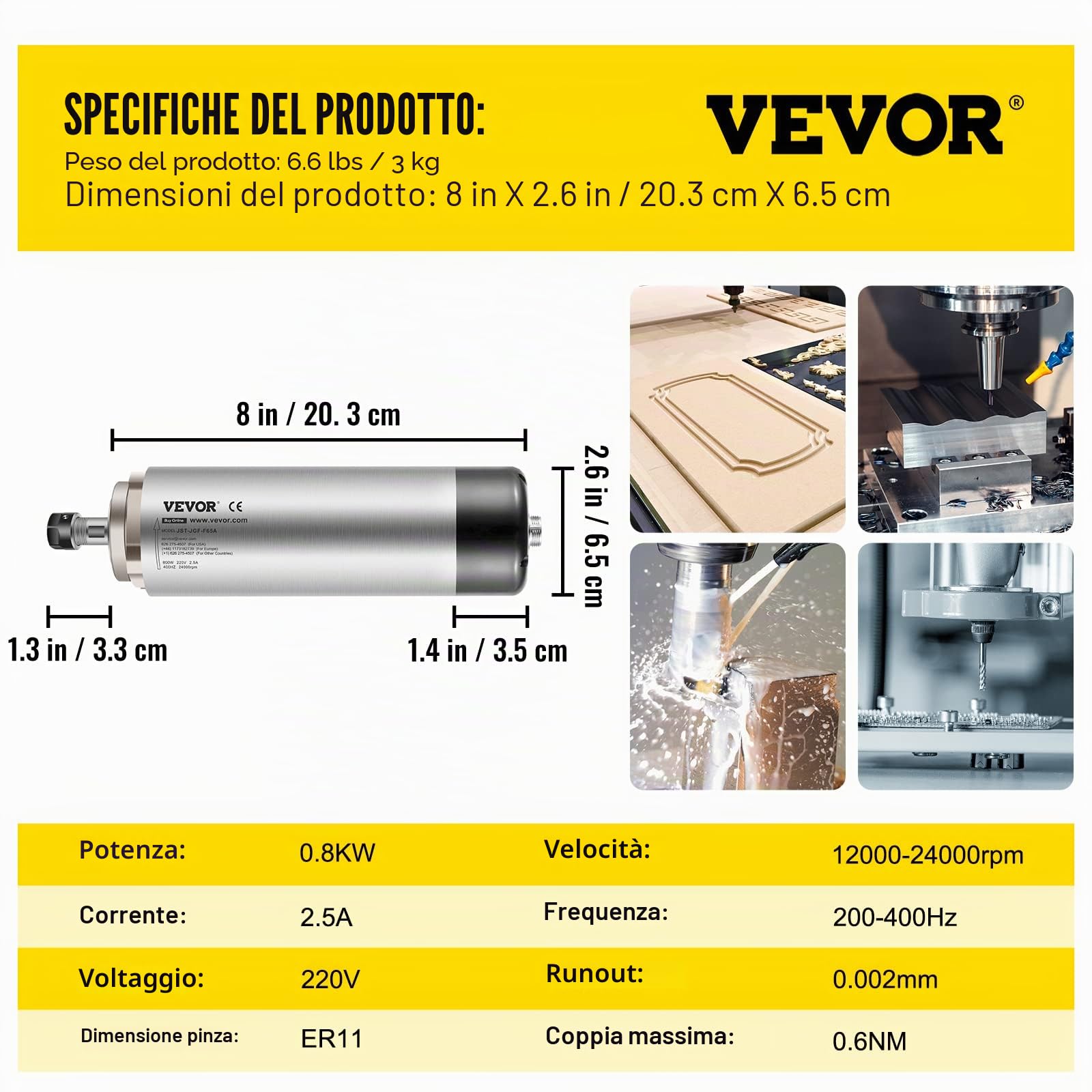 VEVOR 0.8KW Motore Per Mandrini Raffreddato Ad Aria Milling