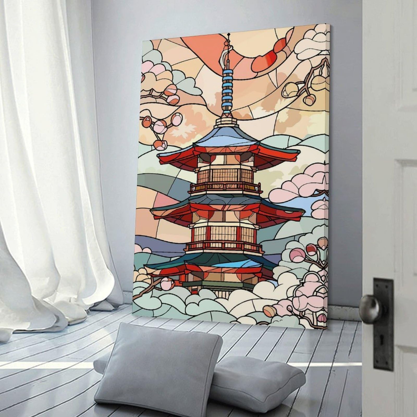 Junmoney Frame-Style-6-1 Japanese Pagoda With Cherry Blossoms Decorative Canvas Print, 12X18inch(30X45cm), For Gallery Wall Decor And Room Displays, Wall Decor Suited To Curated Displays